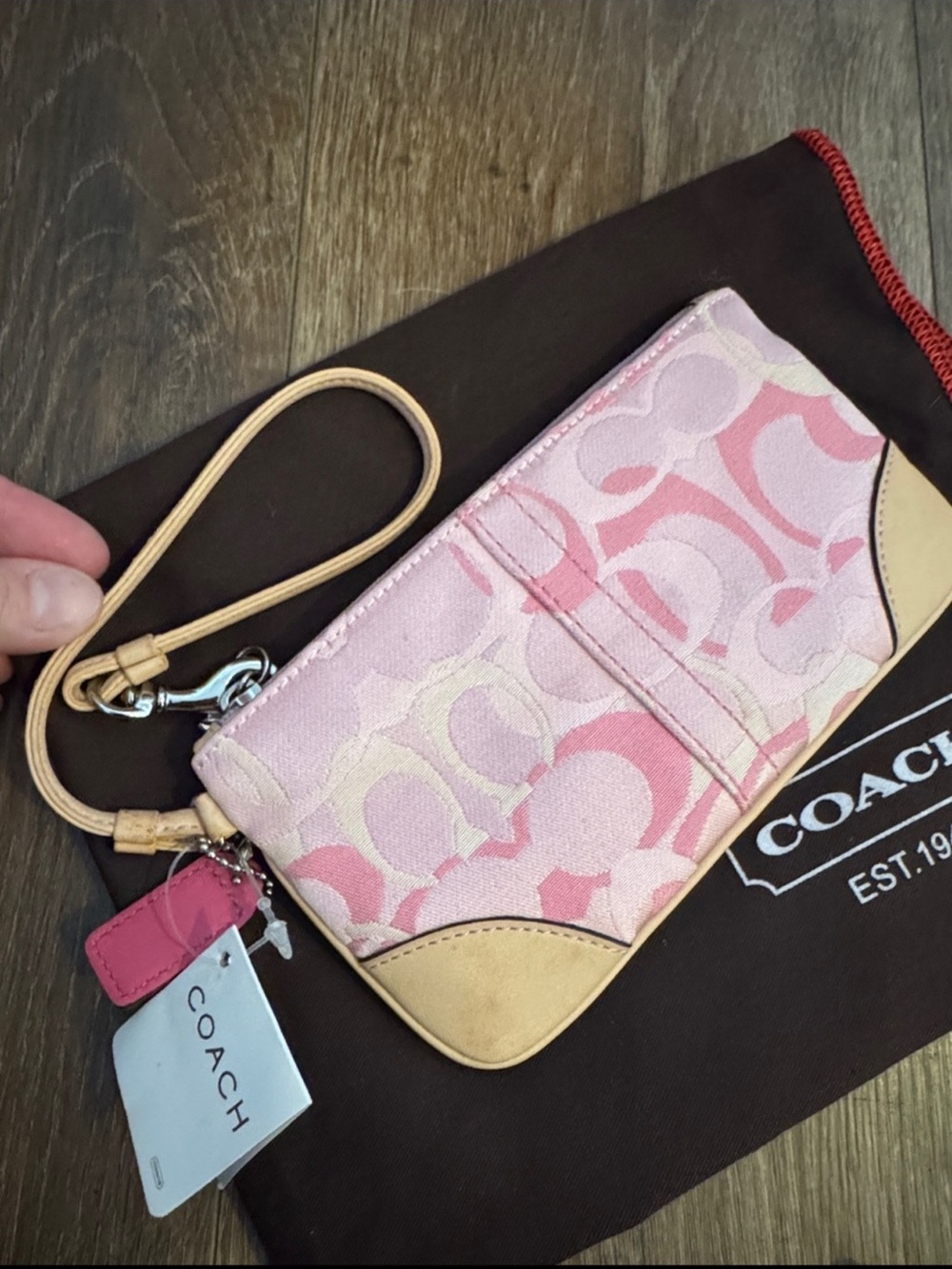 NWT Coach Pink optic Signature Canvas Wristlet with Tan Leather Trim